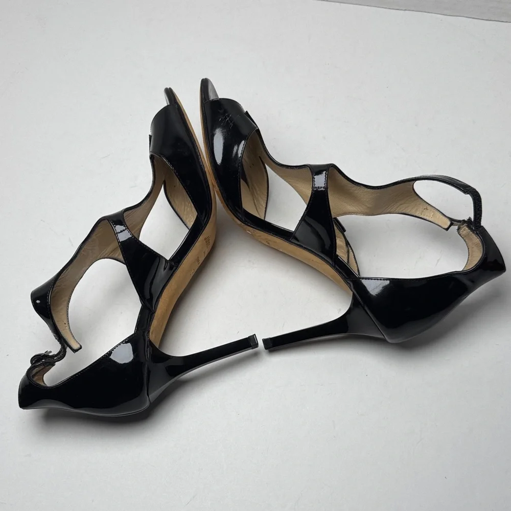 JIMMY CHOO Lotus Glossy Black‎ Patent Leather Cut Out Strappy 3" Heels Size 36 - Picture 4 of 15